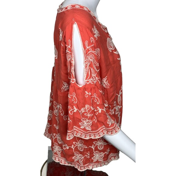 Solitaire Babydoll Boho Blouse Embroidery 3/4 Sleeve Peasant Top Coral Red Large - Picture 3 of 4